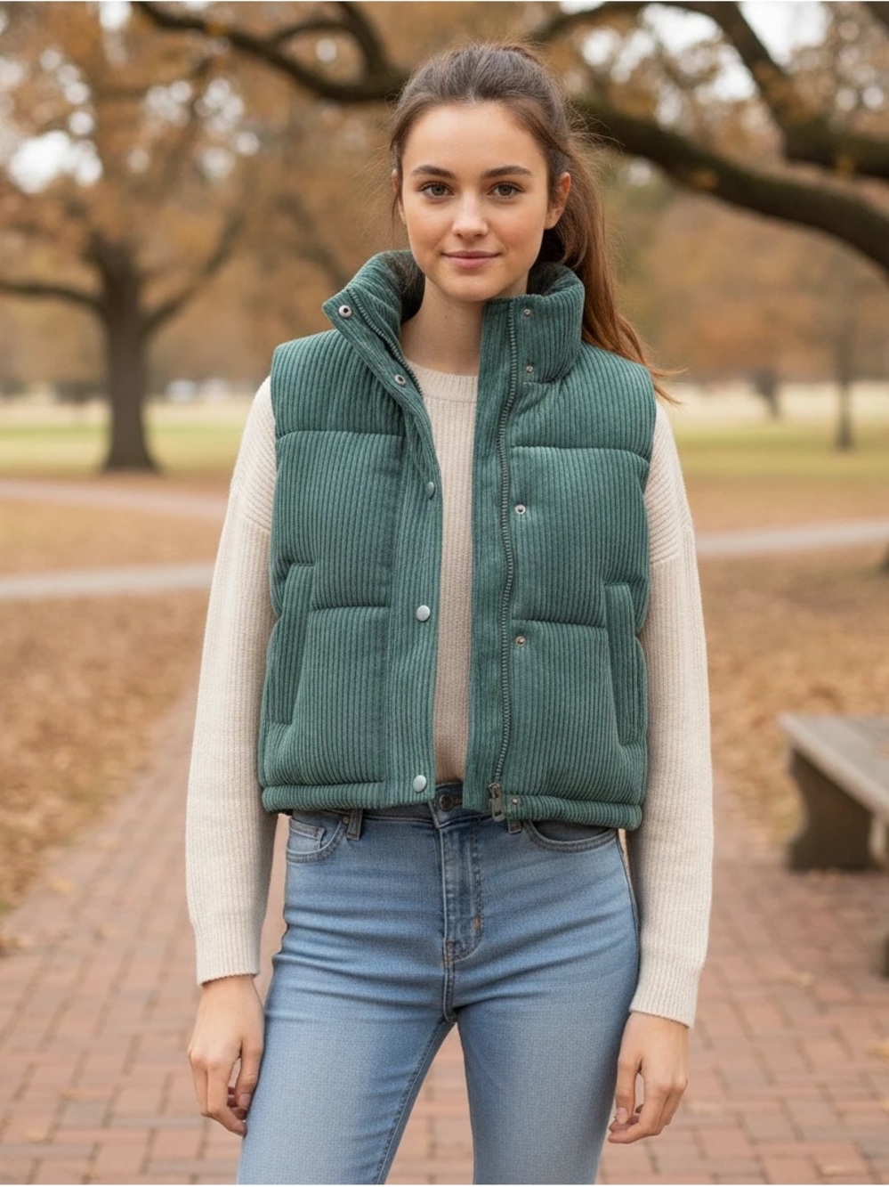 Altar'd State Women’s High Stand Collar, Ribbed, Cropped Puffer Vest in Green. S